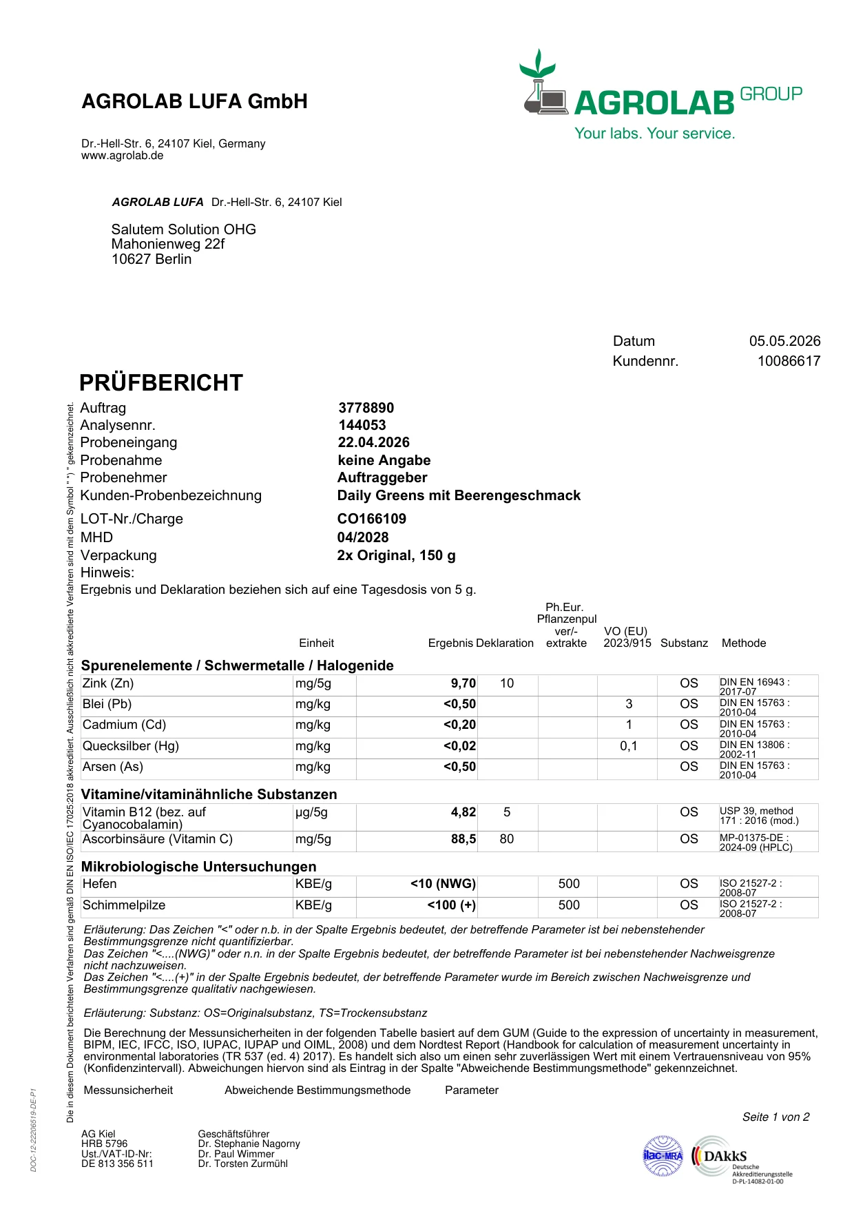 Unabhängiger Laborprüfbericht Daily Greens