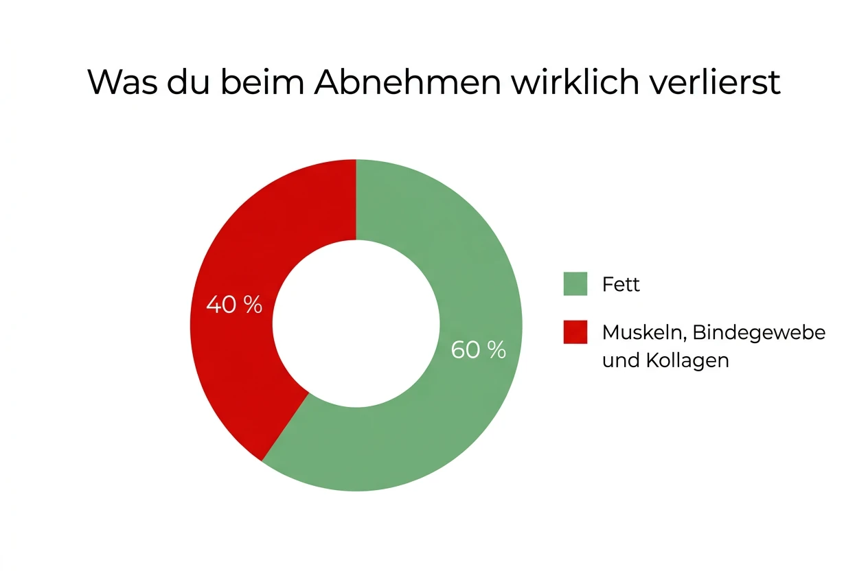 Donut-Diagramm: 60 Prozent Fett und 40 Prozent Muskeln, Bindegewebe und Kollagen beim Abnehmen unter GLP-1