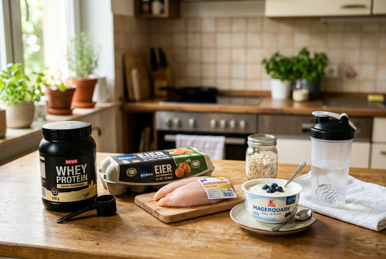 Klassische Proteinquellen auf einem Küchentisch: Whey-Protein, Eier, Hähnchen, Magerquark und Shaker
