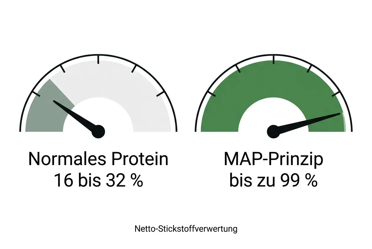 Tacho-Vergleich der Netto-Stickstoffverwertung: normales Protein 16 bis 32 Prozent gegen MAP-Prinzip bis zu 99 Prozent