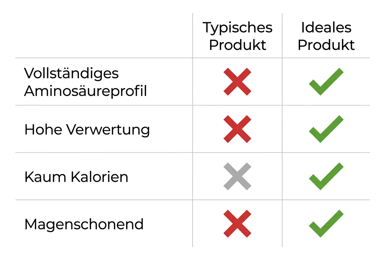 Vergleichstabelle: typisches Produkt gegen ideales Produkt anhand von vier Kriterien für die Abnehmphase