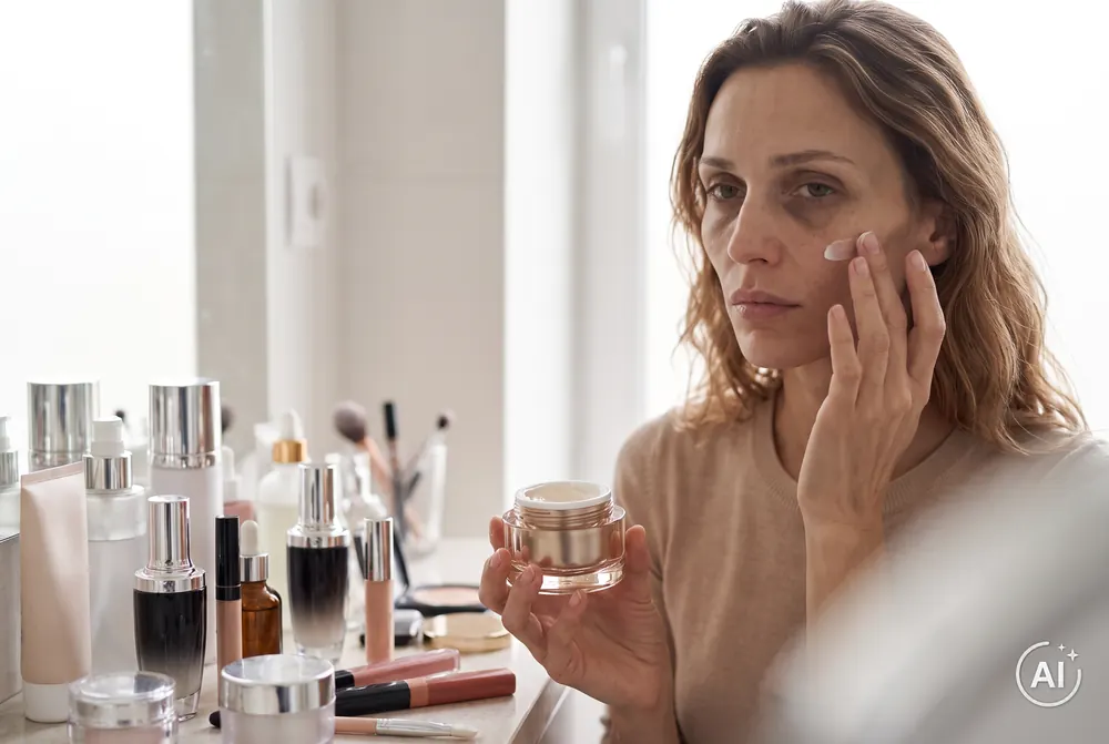Cremes, Seren und Make-up auf der Ablage