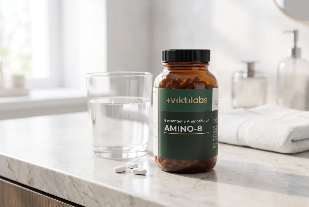 Amino 8 auf der Ablage mit einem Glas Wasser