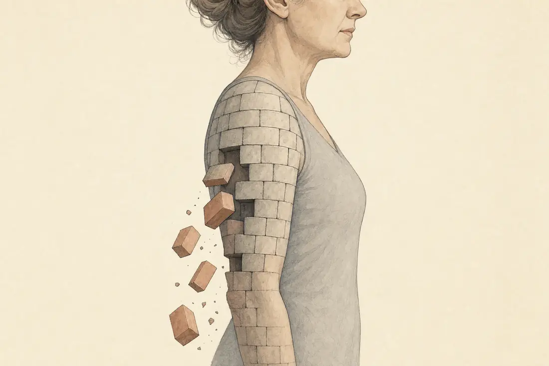 Illustration: Arm einer Frau aus Bausteinen, aus dem Steine herausfallen