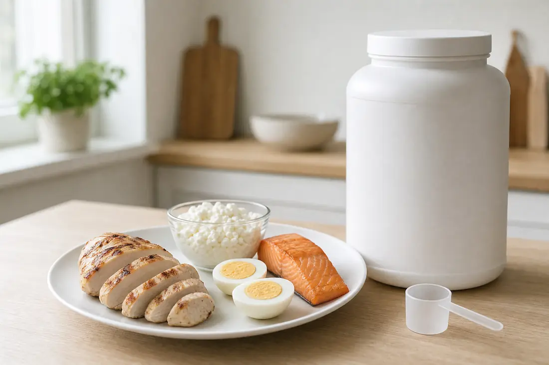 Teller mit H&auml;hnchen, Eiern, Quark und Lachs, daneben eine Dose Proteinpulver