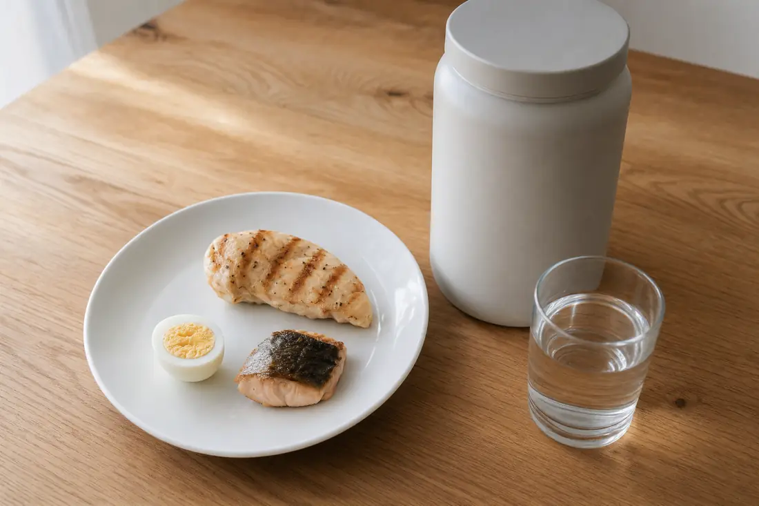 Kleine Portion H&uuml;hnerbrust, Ei und Fisch neben einer Pulverdose