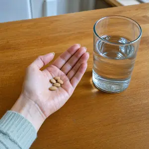 F&uuml;nf Presslinge in einer Handfl&auml;che neben einem Glas Wasser