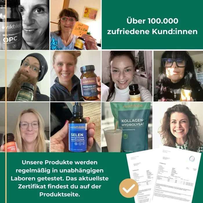 &Uuml;ber 100.000 zufriedene Kundinnen und Kunden; viktilabs Produkte werden regelm&auml;&szlig;ig in unabh&auml;ngigen Laboren getestet