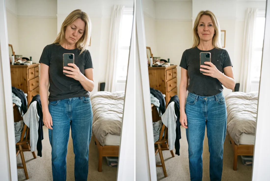 Frau um 46 im Schlafzimmer, Spiegel-Selfie, links kraftlos gebeugt, rechts aufrecht und stabiler