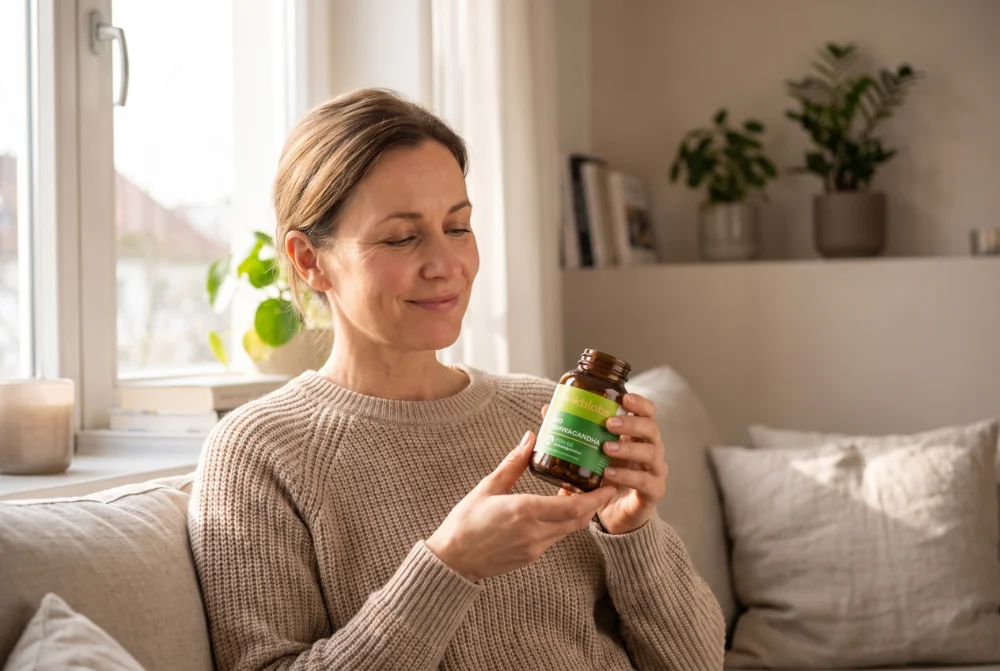 Entspannte Frau mit Bio Ashwagandha am Morgen