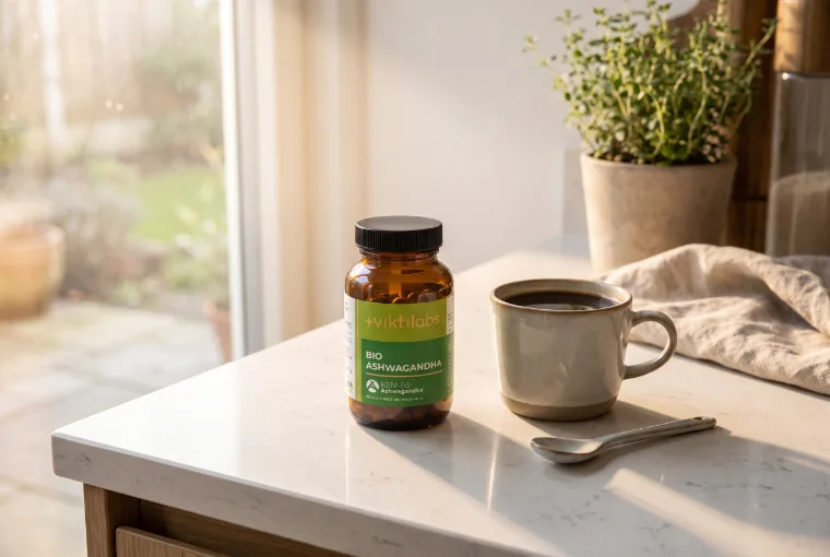 Bio Ashwagandha auf der Küchentheke am Morgen