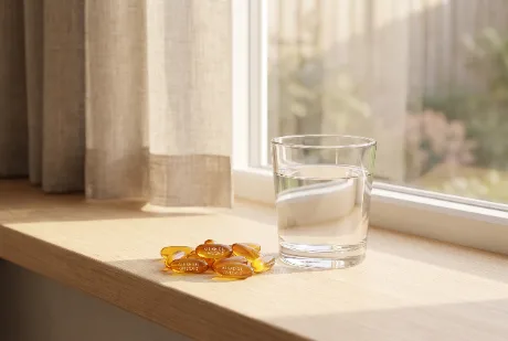 Algenöl-Kapseln neben einem Glas Wasser