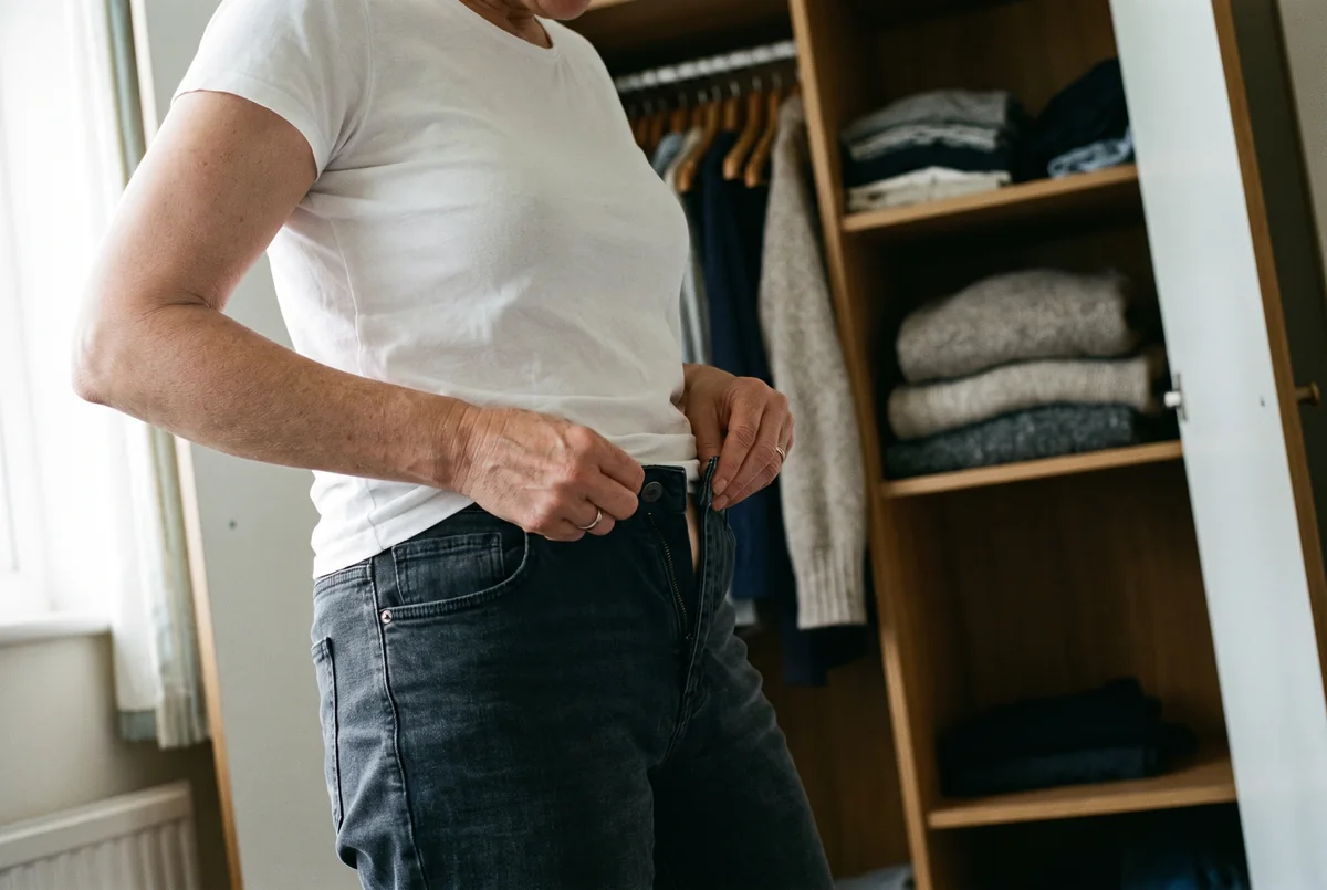 Frau versucht den Bund einer Jeans zu schließen, der Stoff an den Beinen sitzt locker
