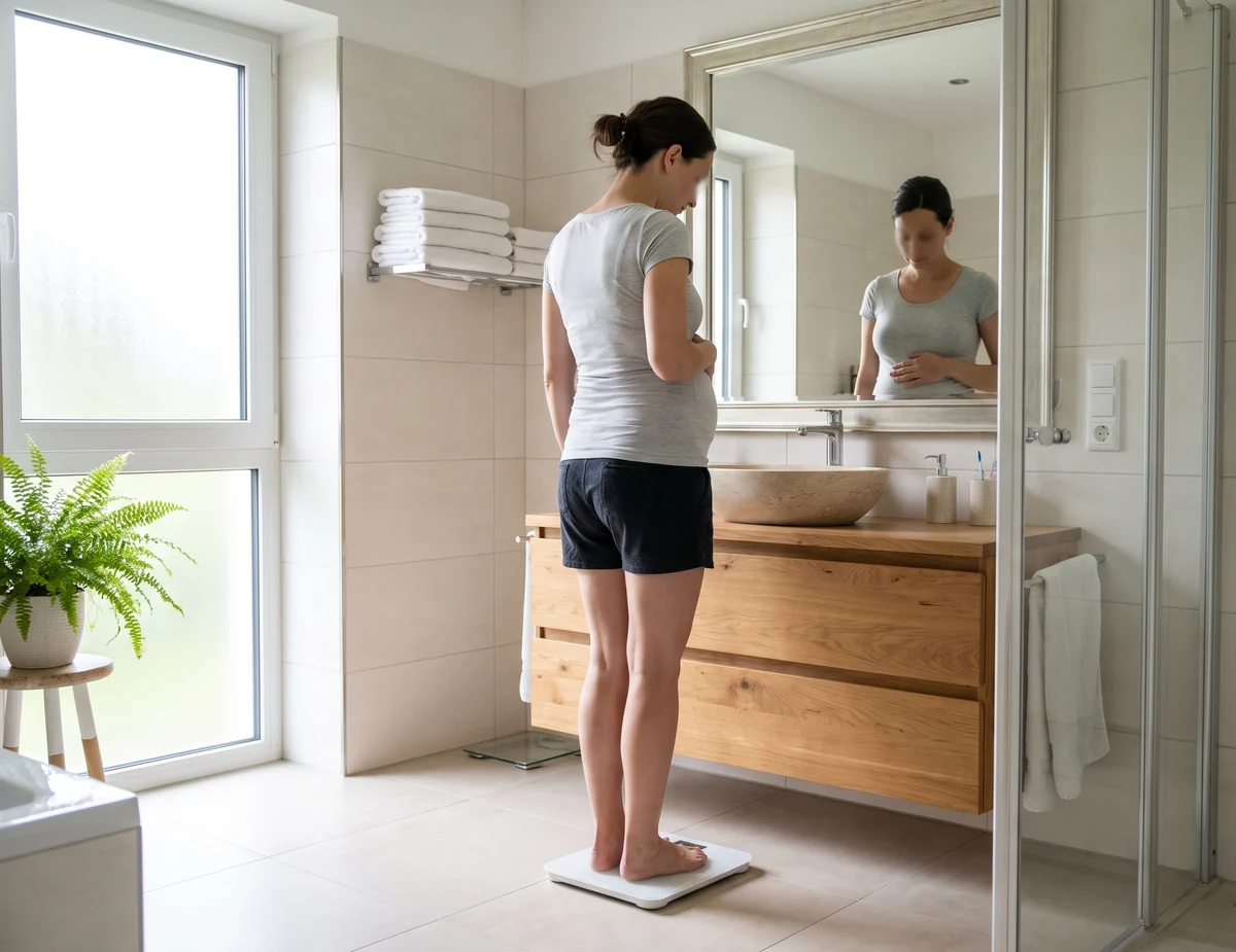 Frau um 50 früh morgens neben dem Laufband, eine Hand am Bauch