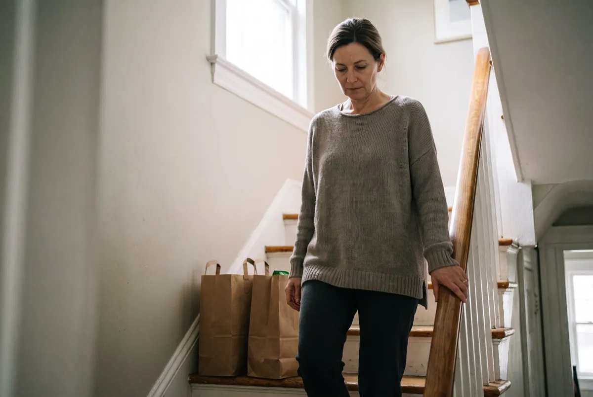 Martina steht kraftlos an der Treppe, die Einkaufstueten abgestellt