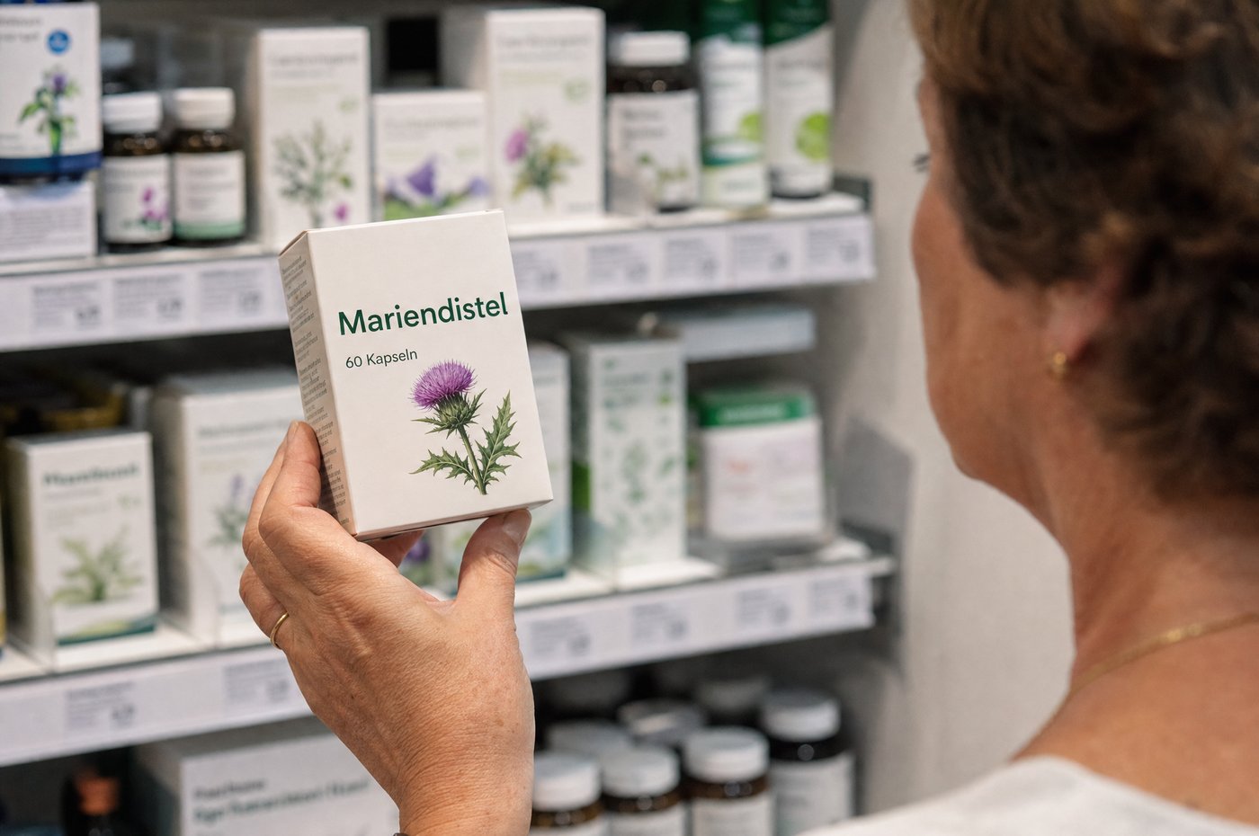 Hand hält eine Mariendistel-Packung vor dem Drogerieregal