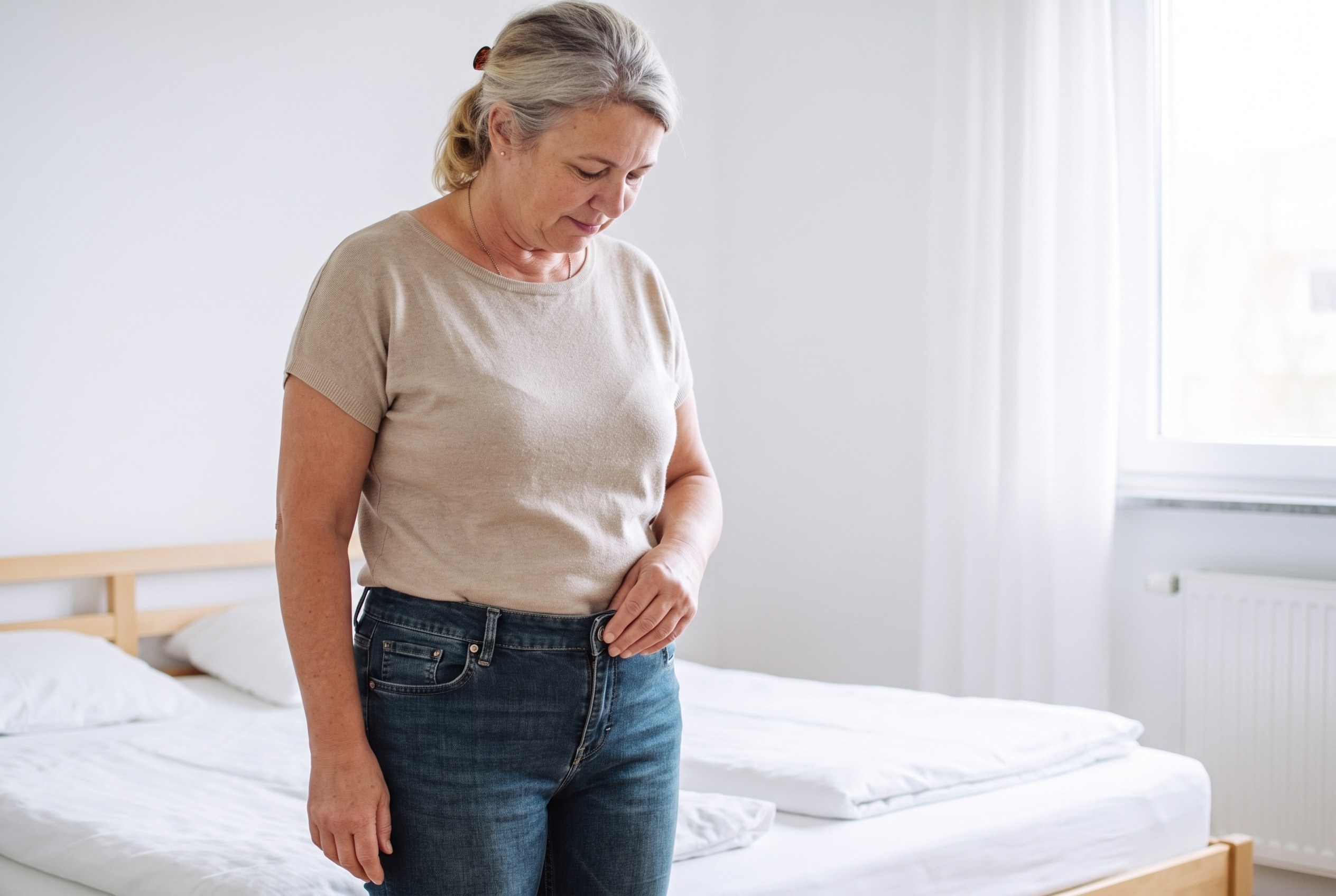 Frau um 55, die Jeans vom letzten Jahr ist geschlossen und sitzt bequem