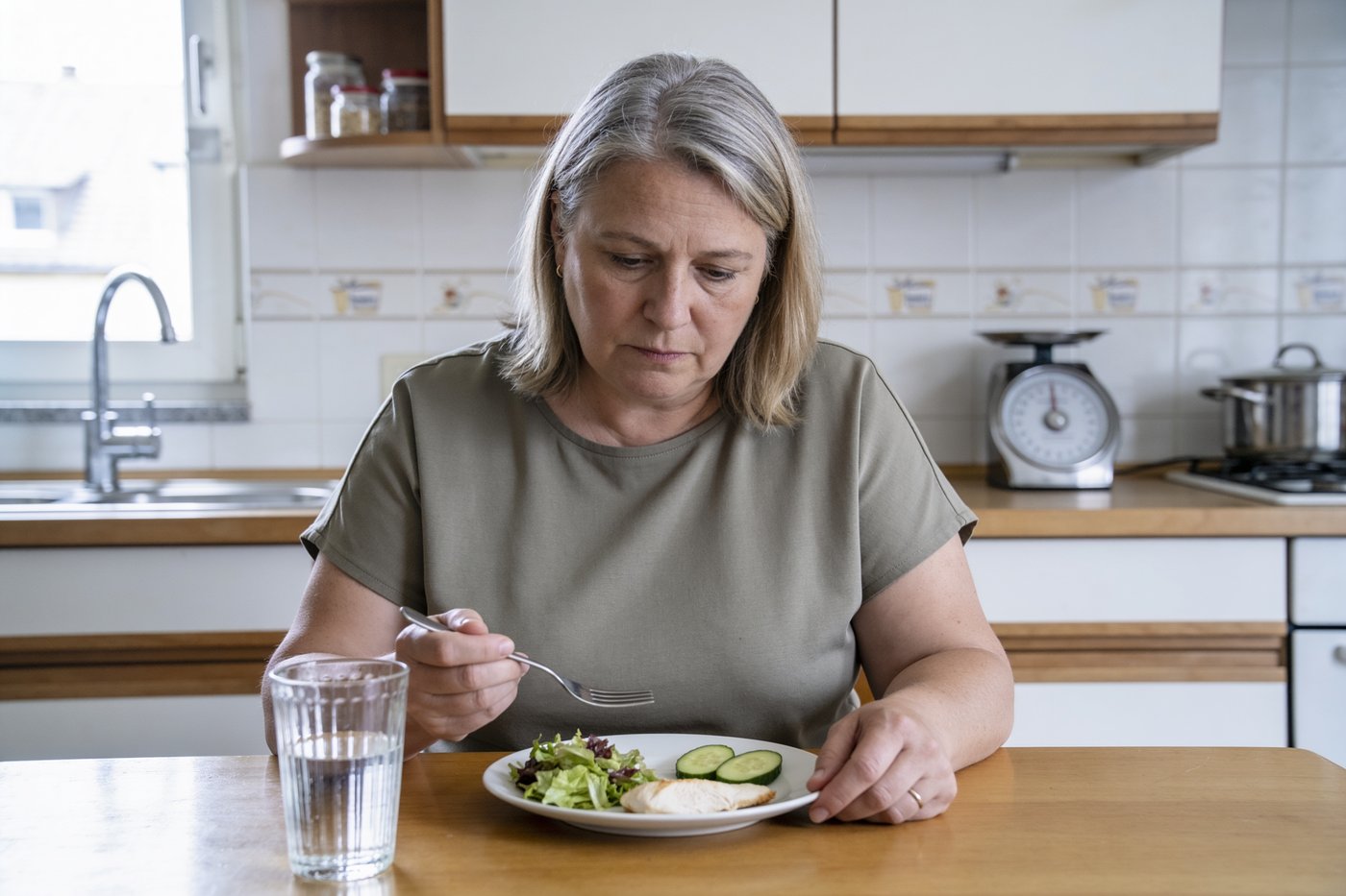 Frau am Küchentisch vor einer kleinen Portion Salat
