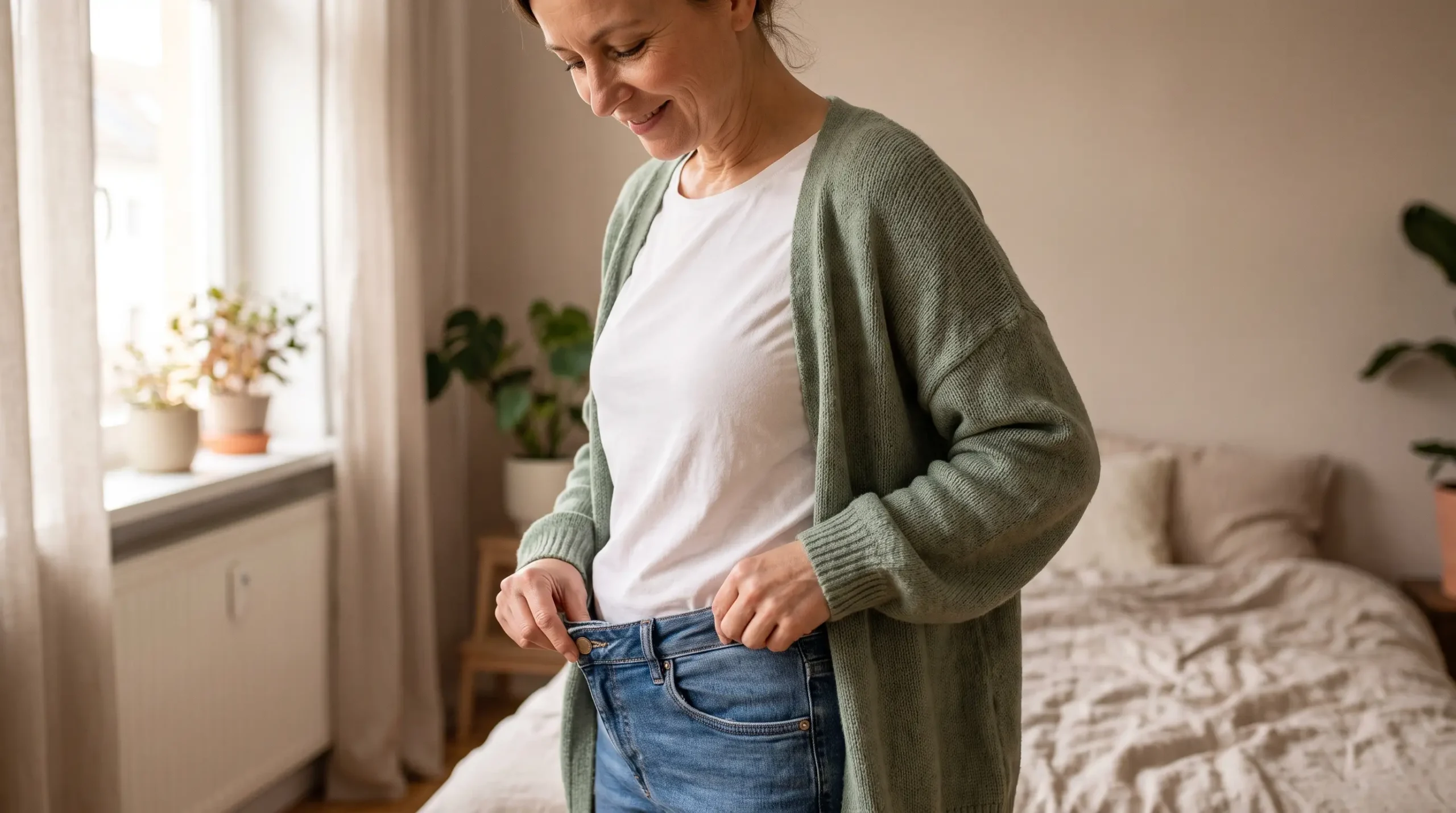 Frau im Alltag mit locker sitzender Jeans