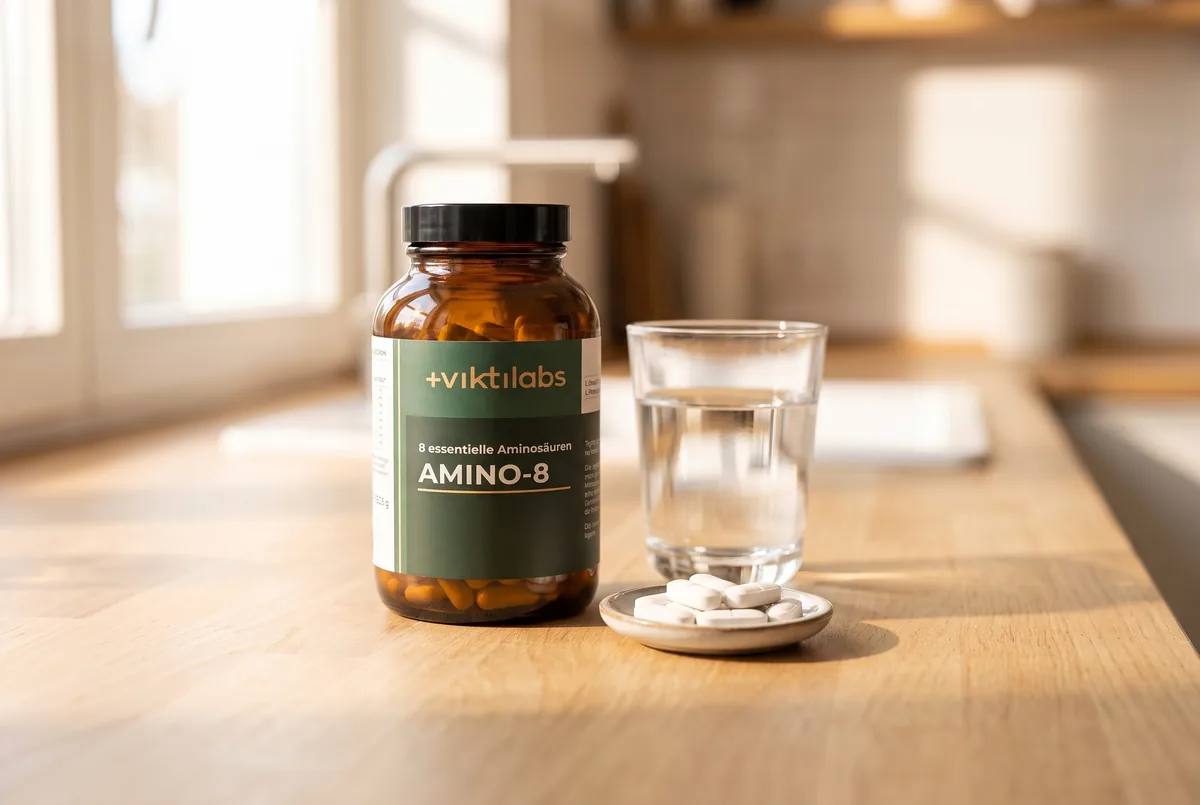 Amino-8 von viktilabs neben einem Glas Wasser