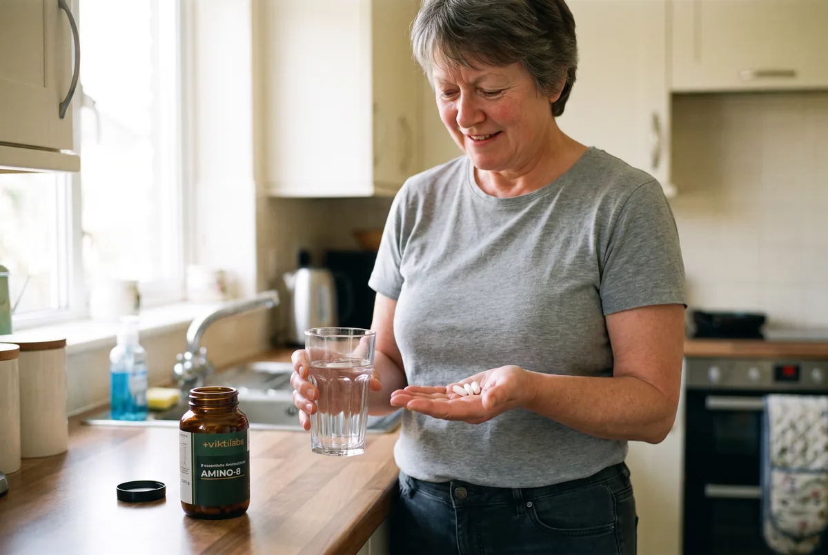 Andrea nimmt morgens ihre fünf Presslinge mit einem Glas Wasser