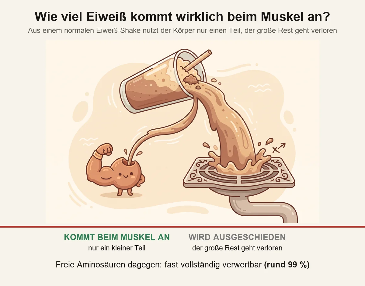 Bei normalem Eiweiß kommt nur ein kleiner Teil beim Muskel an, der große Rest wird ausgeschieden