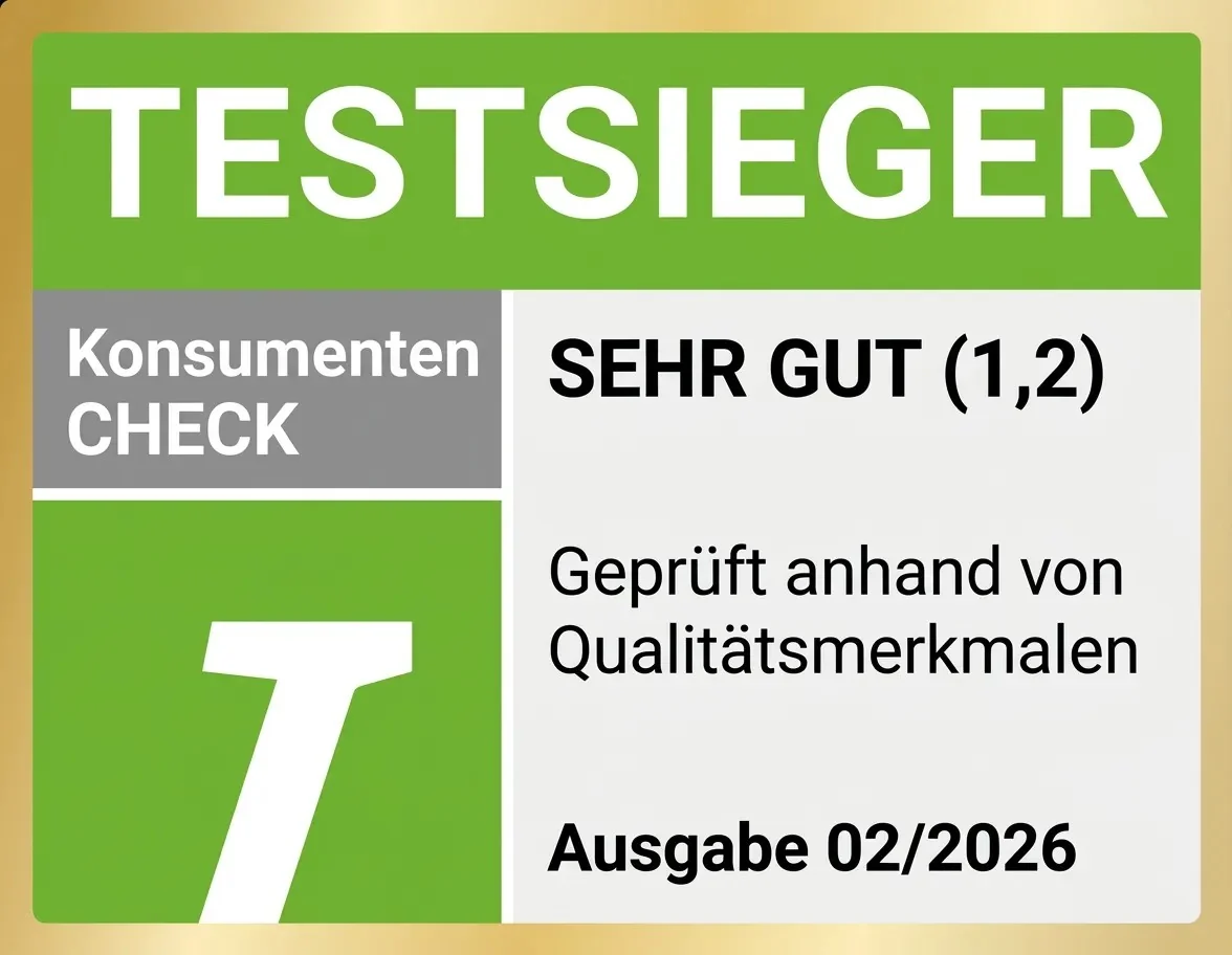 Konsumentencheck-Testsieger-Siegel Note 1,2 sehr gut