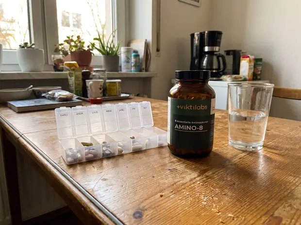 Amino 8 neben einer Wochen-Tablettenbox