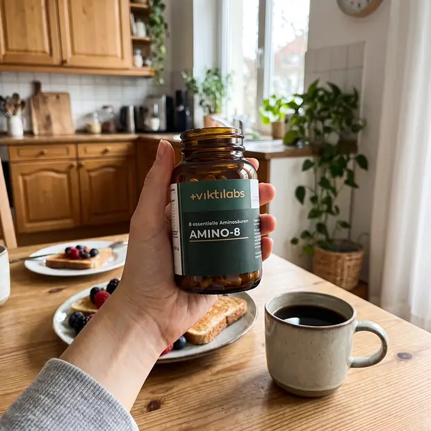 Amino 8 in der Hand am Fr&uuml;hst&uuml;ckstisch