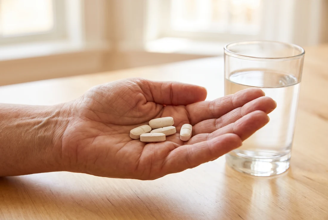 F&uuml;nf kleine Amino-8-Presslinge in der Hand neben einem Glas Wasser