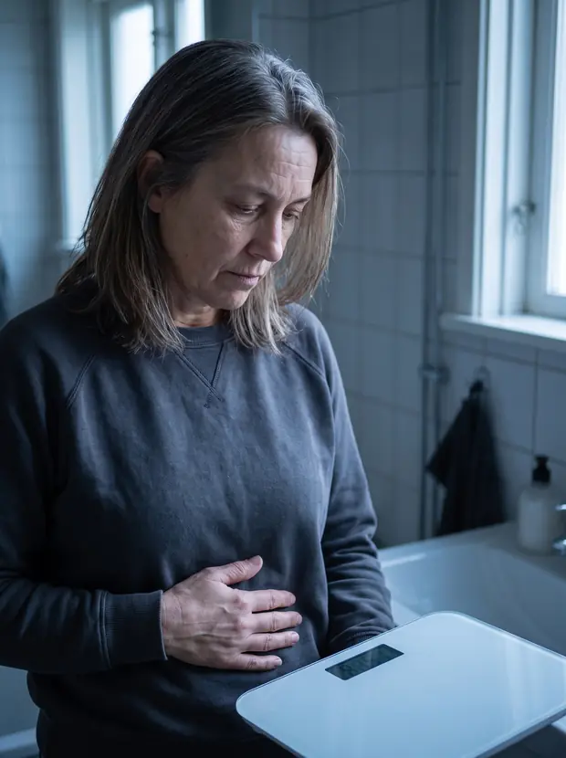 Frau entmutigt an der Waage