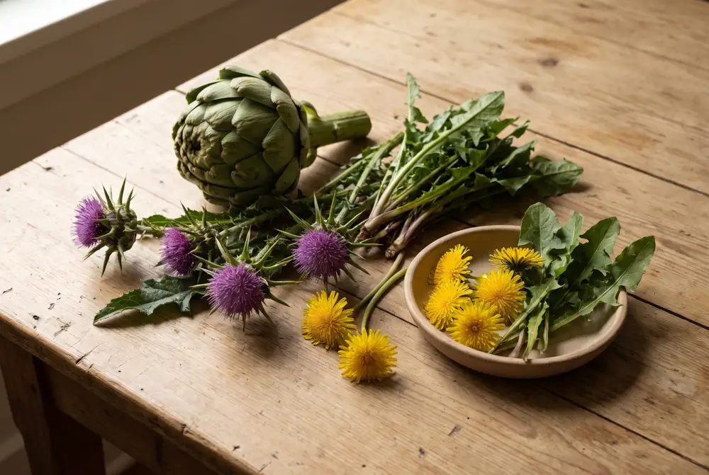 Mariendistel, Artischocke, Löwenzahn und Wermut