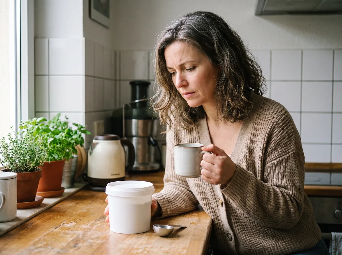 Frau Anfang 50 morgens in der Küche mit Kaffee und Kollagendose