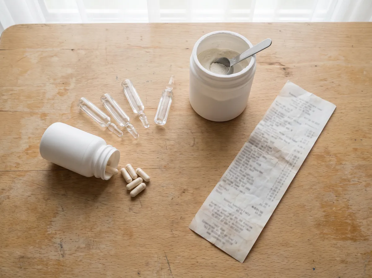Leere Ampullen, Kapseldose, Pulverdose und Kassenbon auf dem Küchentisch