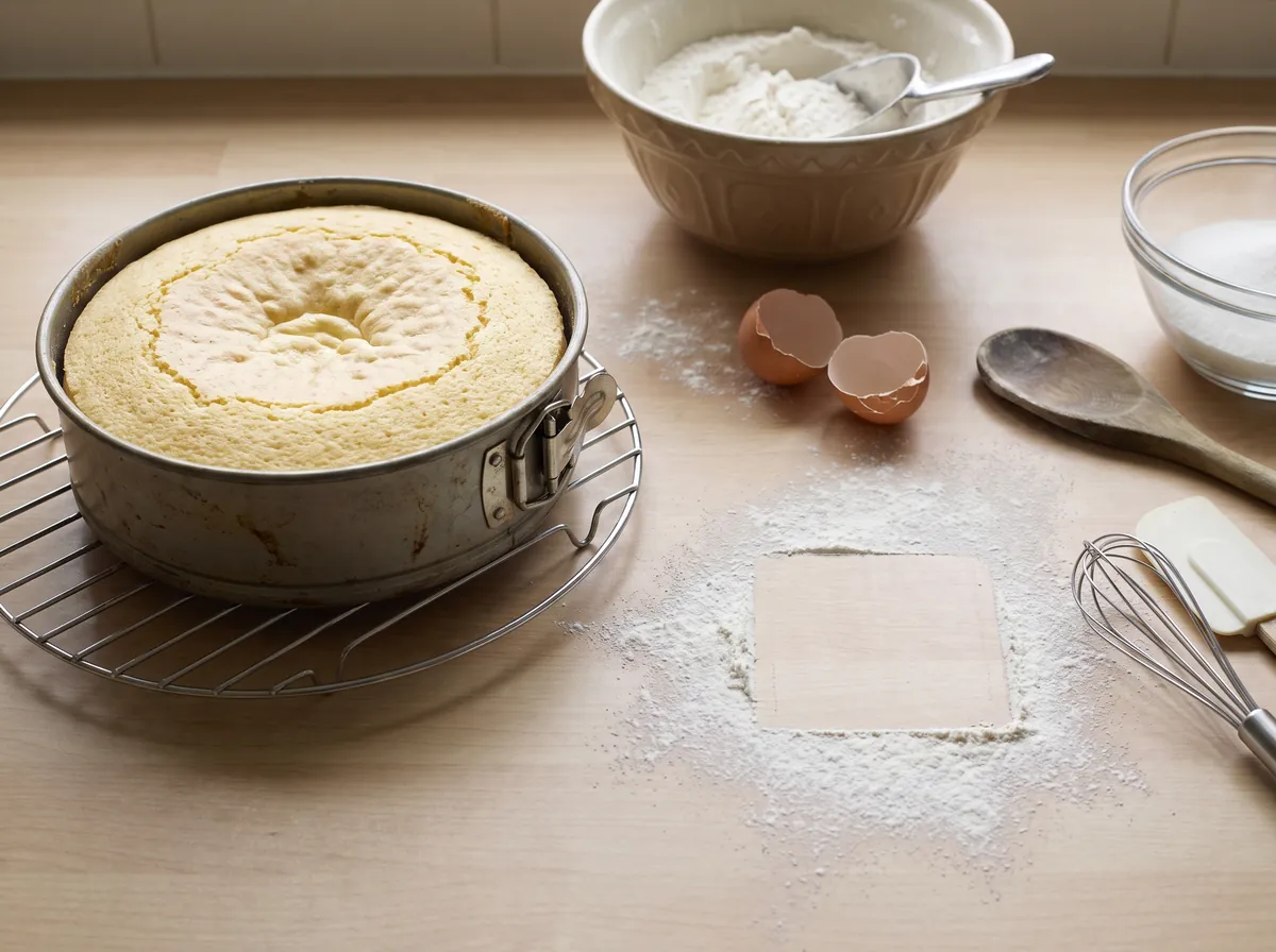 Flacher, nicht aufgegangener Kuchen neben Mehl und Eierschalen