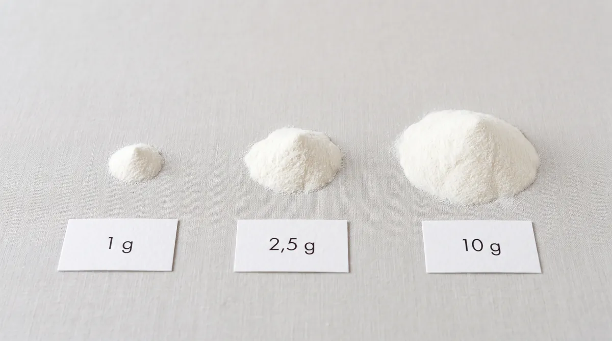 Drei Pulverportionen mit 1 g, 2,5 g und 10 g