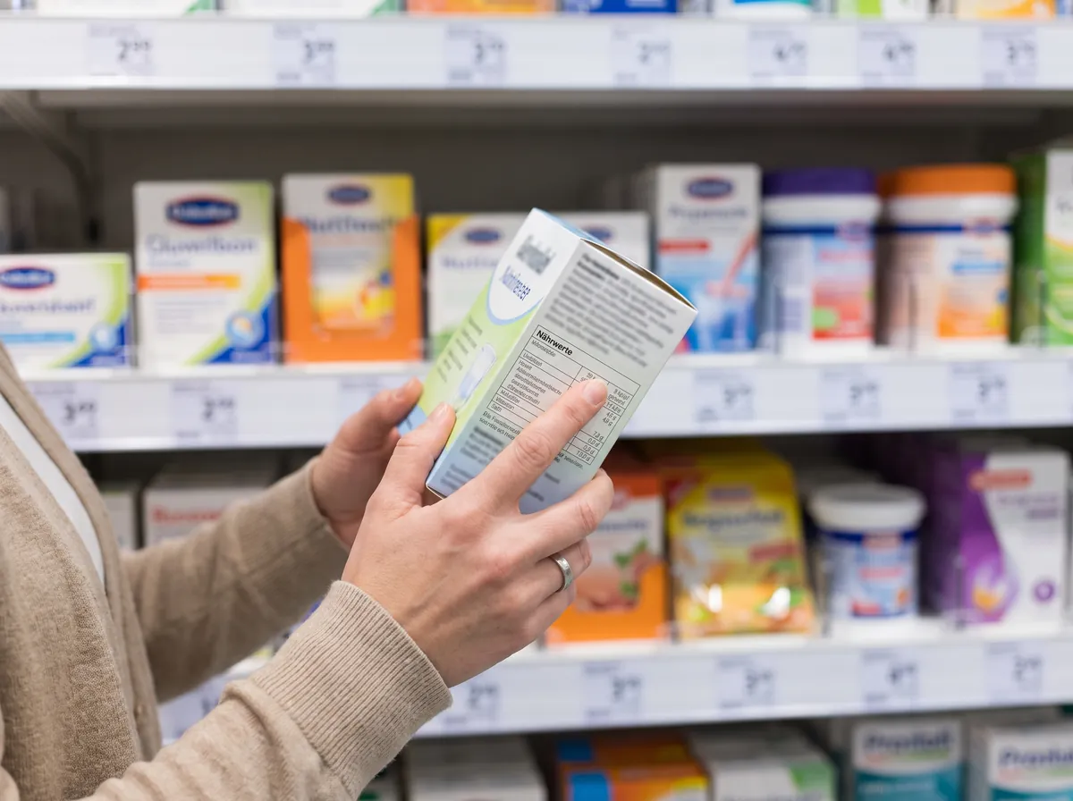 Frauenhand prüft die Nährwerttabelle einer Packung im Drogerieregal