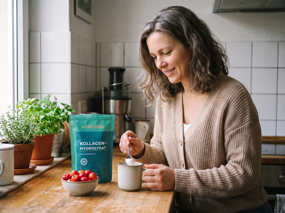Ein Löffel Kollagen Komplex wird in den Morgenkaffee gerührt, daneben Acerola-Kirschen