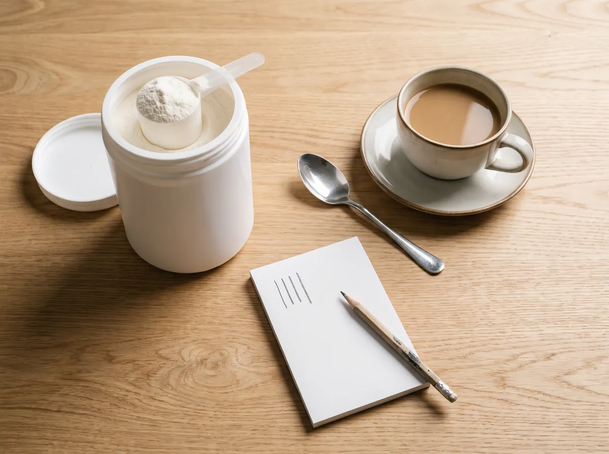 Küchentisch mit Kollagendose, Kaffee und Zettel mit Strichliste