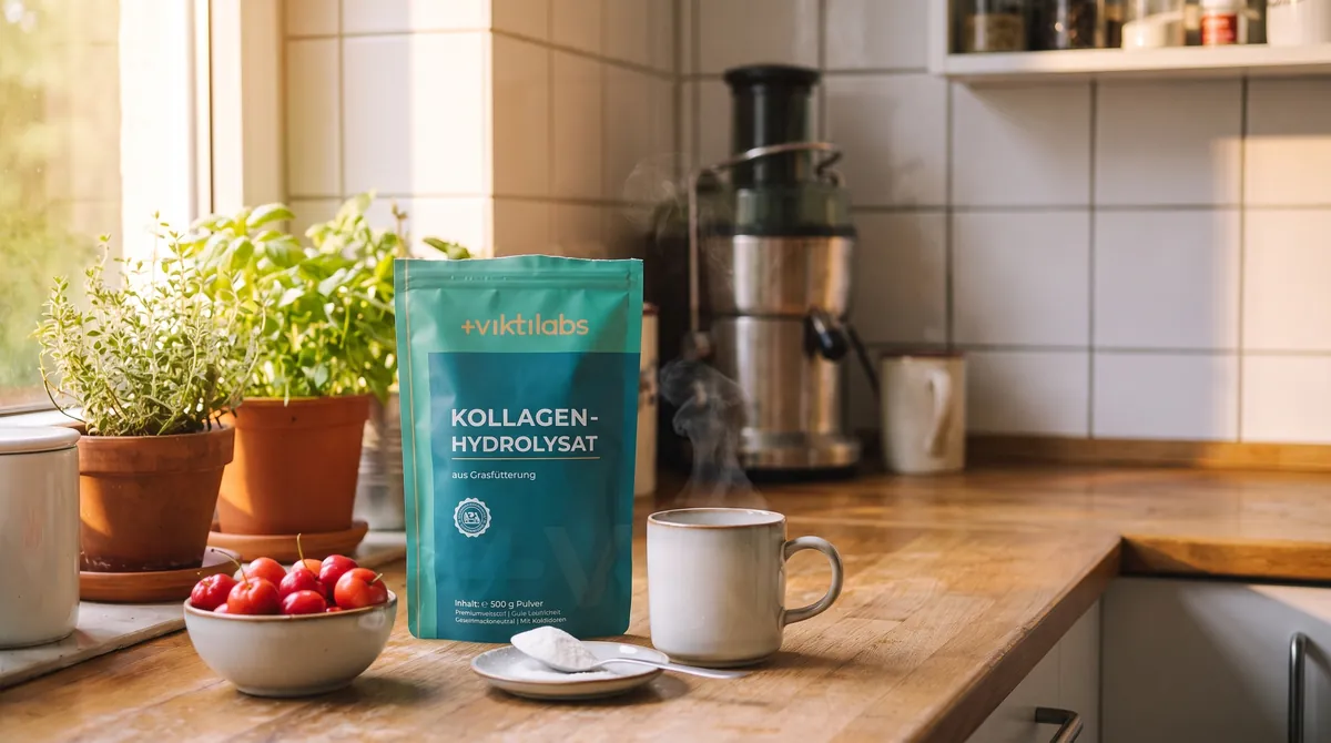 Kollagen-Komplex-Beutel neben einer dampfenden Kaffeetasse, Löffel Pulver und Acerola-Kirschen
